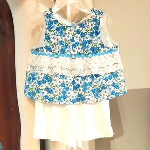 Blue Floral Girls Blouse with Lace Trim And Jersey Knit White Shorts